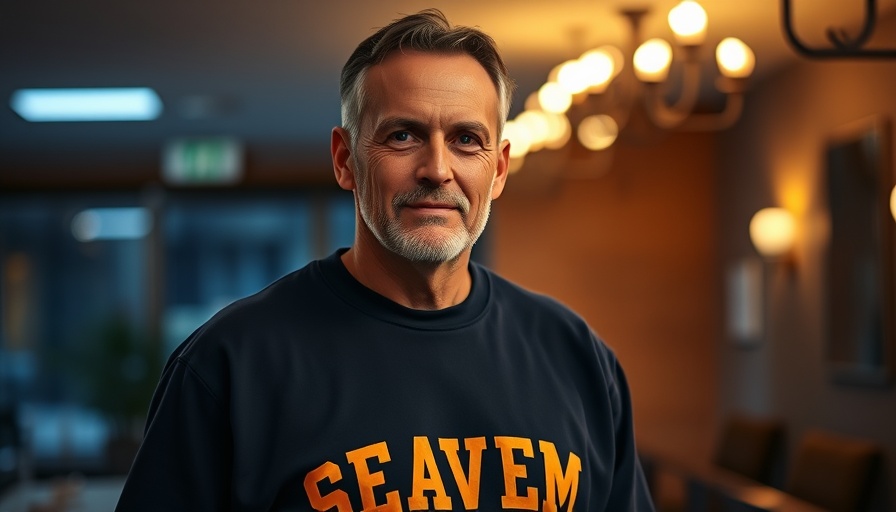 Mature man in navy sweatshirt discussing in soft indoor lighting.