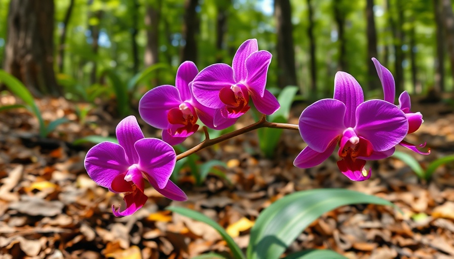 Pink orchids under tree in forest, sustainable orchid propagation.