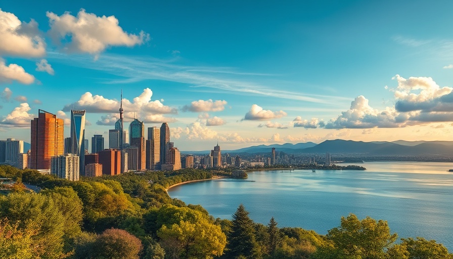 Aerial view of city skyline and greenery for district heating energy efficiency.