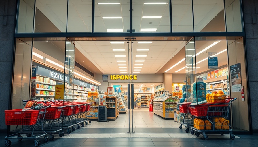 Modern supermarket entrance showcasing energy efficiency in retail food industry.