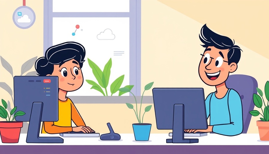 Cartoon illustration of two people using computers as Spotlight Search Alternatives.