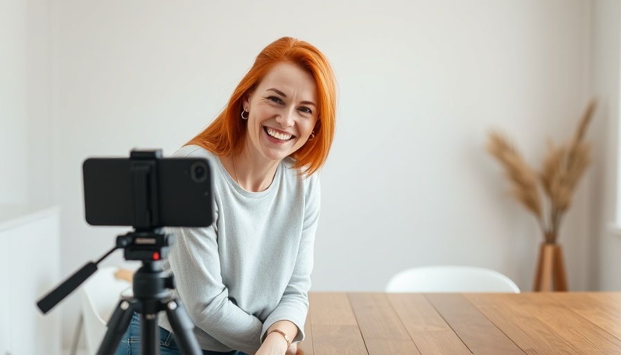 Redhead woman planning social media content with phone setup.
