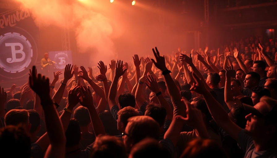 Concert audience enjoying live music with raised hands under smoky lights.