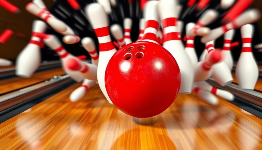 Bowling ball striking pins, Kids Bowl Free summer 2025.
