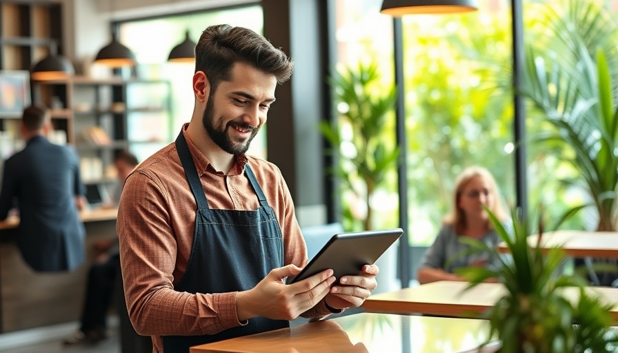 Retail worker with tablet providing exceptional customer service in a cafe.