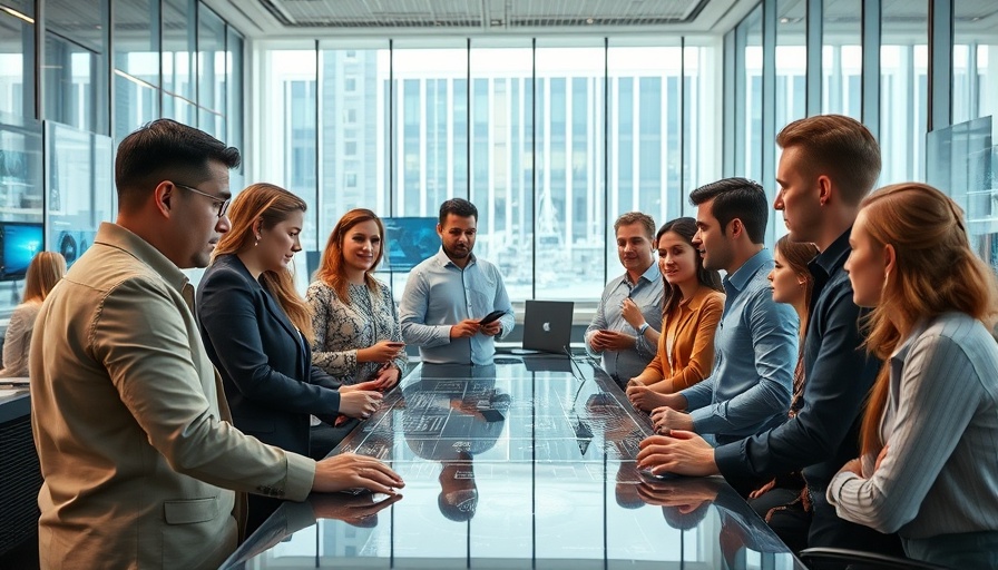 Team discussing AI marketing campaigns in high-tech office.