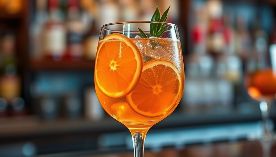 Bitter Orange Spritz mocktail in a glass with orange slices on bar.