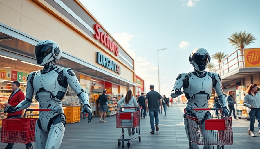 AI agents shopping for consumers in a futuristic supermarket