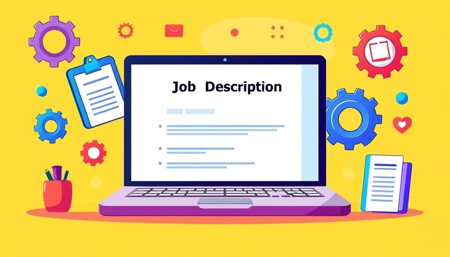 Colorful laptop showing job description templates, yellow background.