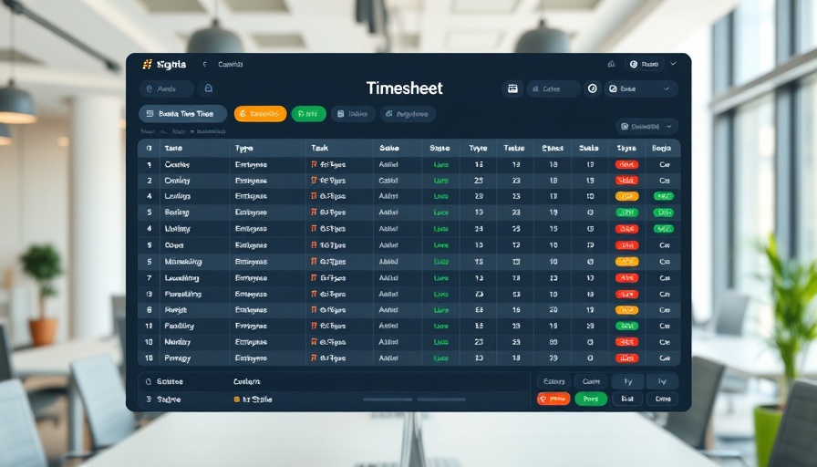 Digital construction timesheet template interface with task status and colorful indicators.