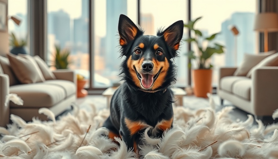 Cheerful dog making a mess amid feathers in living room, full-funnel marketing campaign for pet food brands.