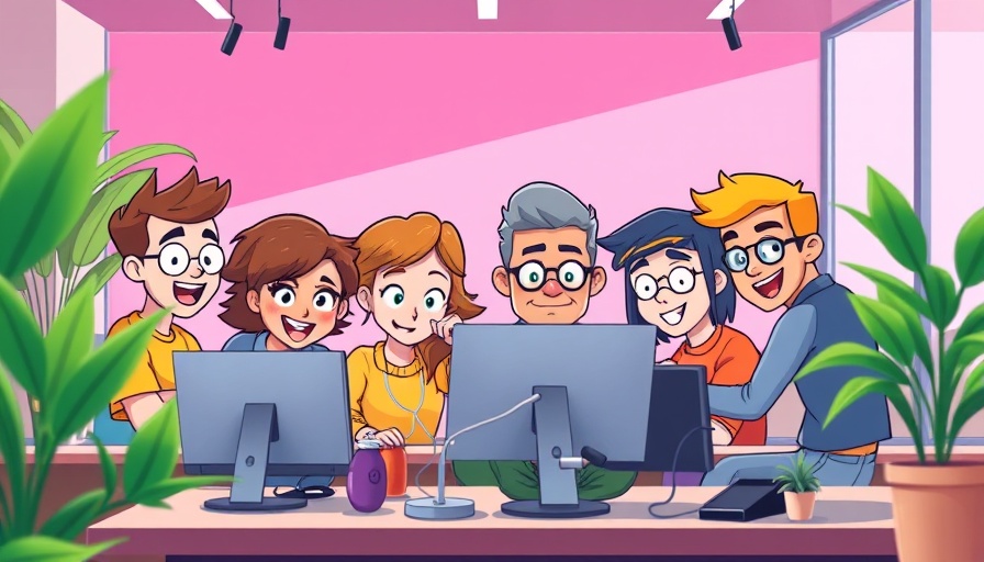 Cartoon team working on a computer in a vibrant setting, Jotform Pricing Plans.