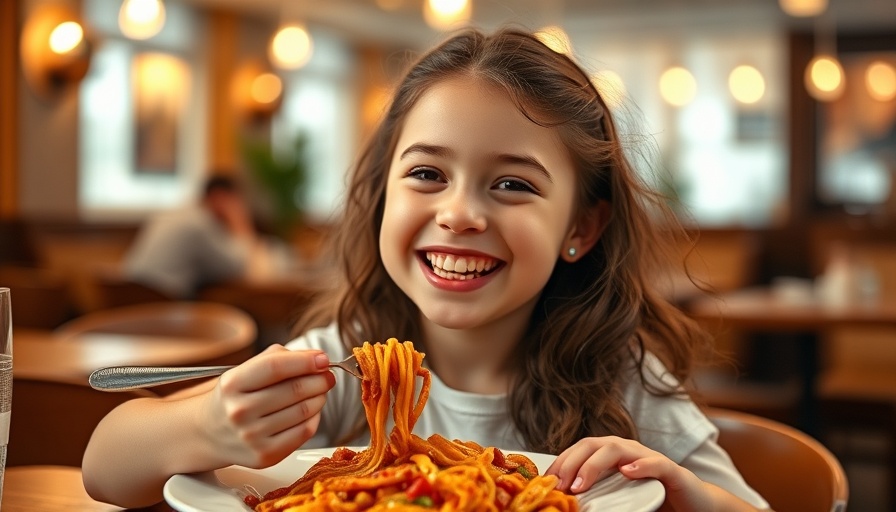 Smiling girl in restaurant enjoying meal, Kids Eat Free Deals in Triangle.