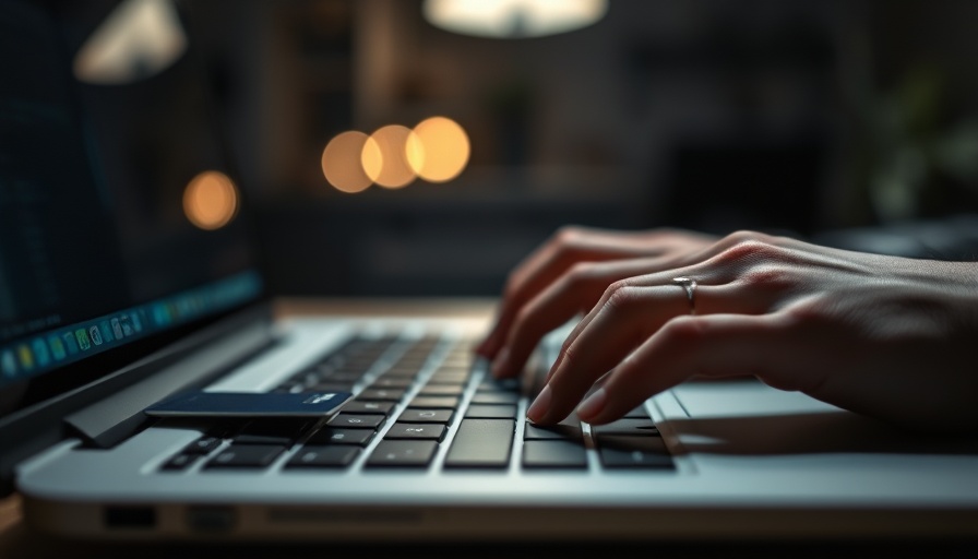 Close-up of hand typing on laptop with credit card nearby, suggesting online transaction or cloning scam.