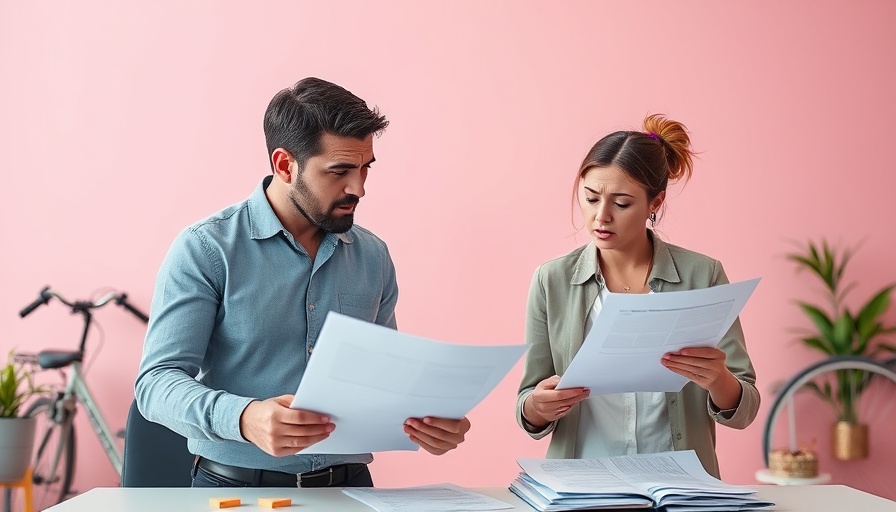 Frustrated coworkers discussing documents in a pink office.
