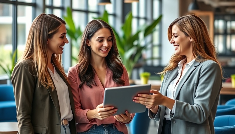 Young women discussing business naming strategies in a modern office.