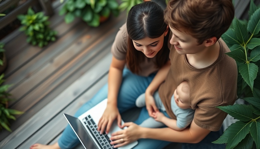 Parent working with baby on lap, balancing parenthood and entrepreneurship, in a garden setting.