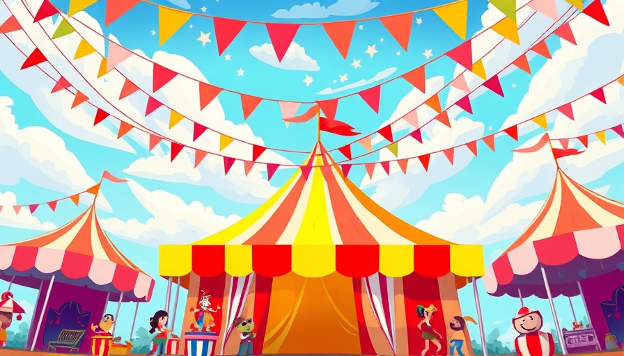 Colorful carnival tent promoting free community events in Raleigh.