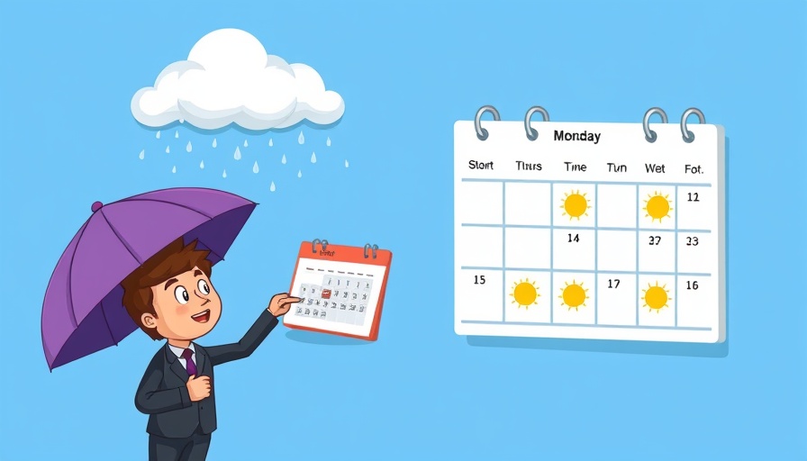 Cartoon businessperson with umbrella pointing at Monday calendar.