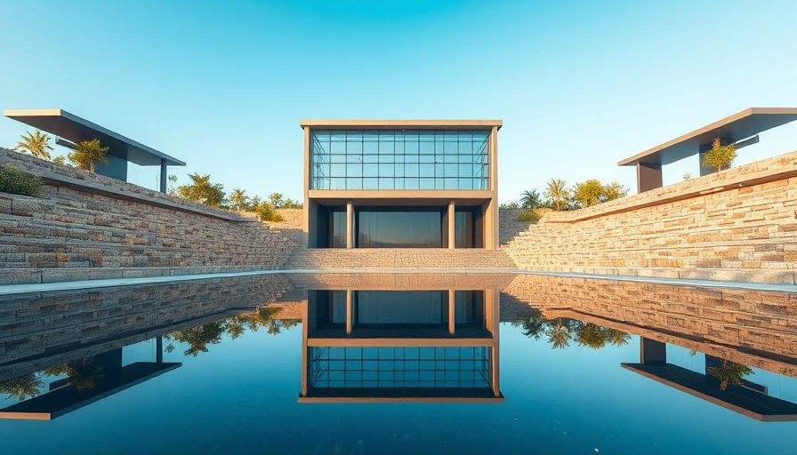 Modern outdoor amphitheater by a pond, local events setting.