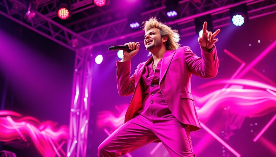 B-to-B Maximalism: Performer in pink suit singing on a vibrant stage.
