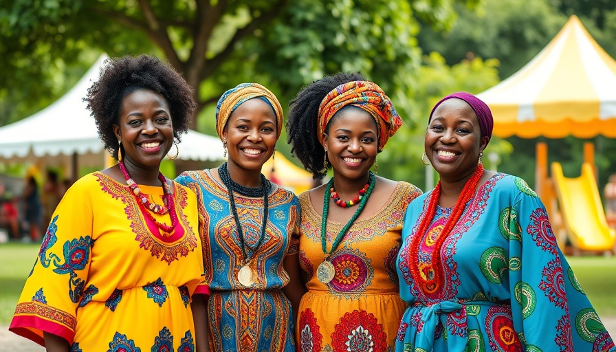 Four women smiling at a Triangle spring arts event in colorful attire.