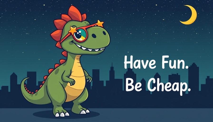 Whimsical dinosaur with glasses and city skyline at night.