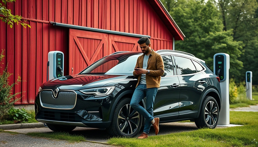 Person by luxury SUV at EV charging station near rustic barn.
