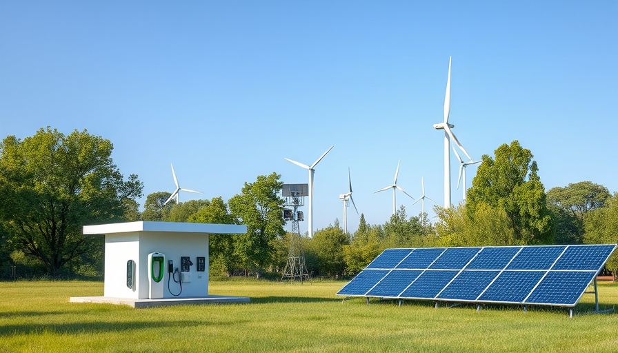Off-grid solar EV charging station with solar panels and wind turbines in a green field.