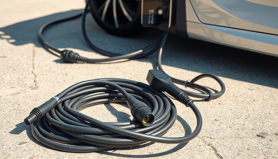 Level 2 EV charger equipment on concrete, sunshine highlighting components.