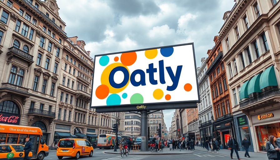Oatly ad on urban billboard with vibrant design in bustling street.