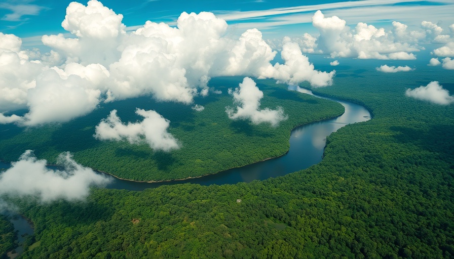 Aerial view of rainforest and river with SB logo, emphasizing sustainable hospitality.