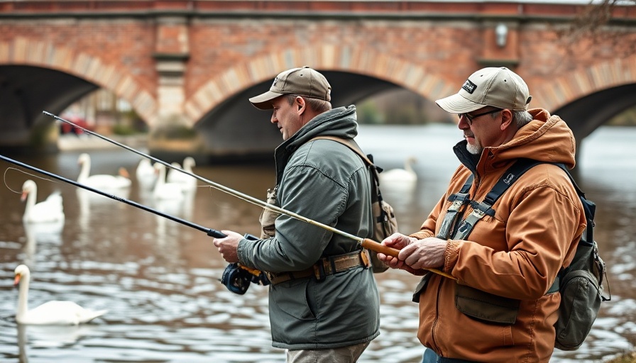 Two anglers by a river with swans, illustrating the phosphate crisis in UK's rivers.