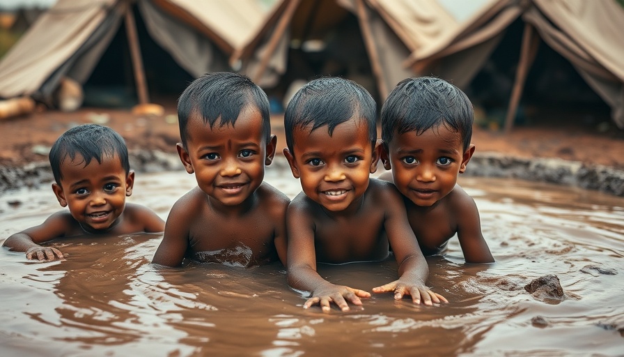 Children playing in muddy camp highlighting environmental impact