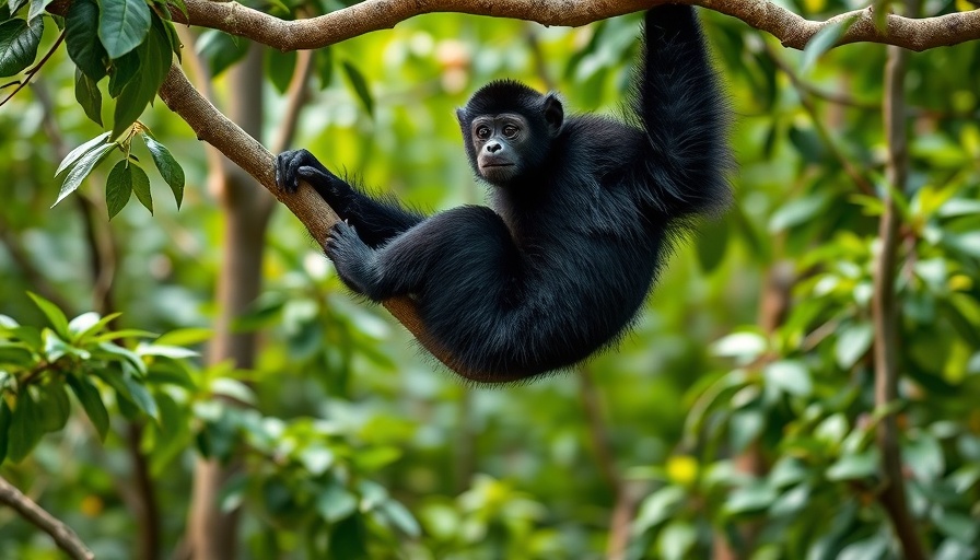 Gibbon in lush forest promotes carbon offset travel experiences.