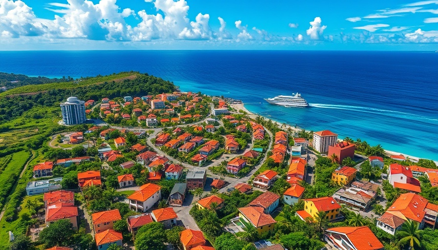 Vivid aerial view of colorful Caribbean city by the ocean