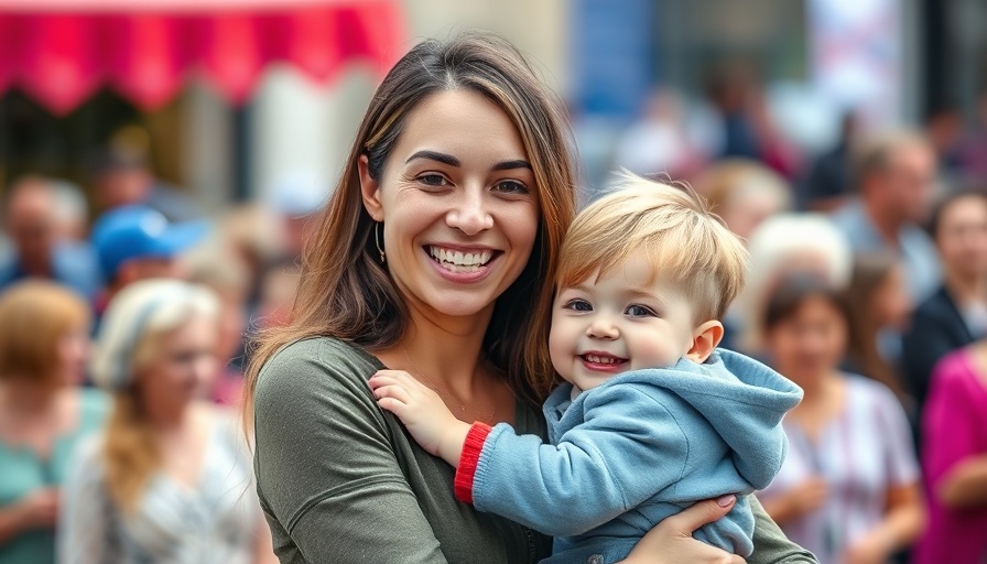Mother smiling at a community event with her child, sustainable travel growth.