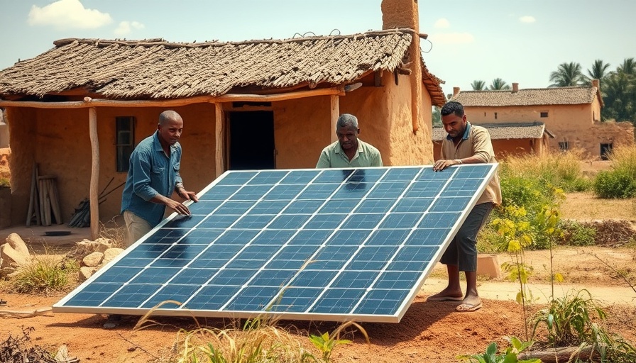 Rural scene with people setting up off-grid solar panel.