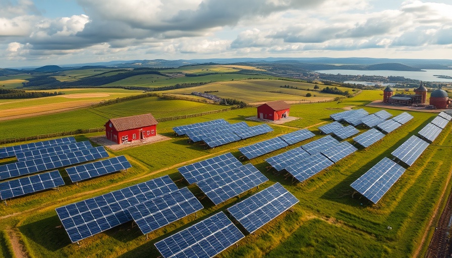 Aerial view of a solar-powered farm showcasing solar panels and red barns.