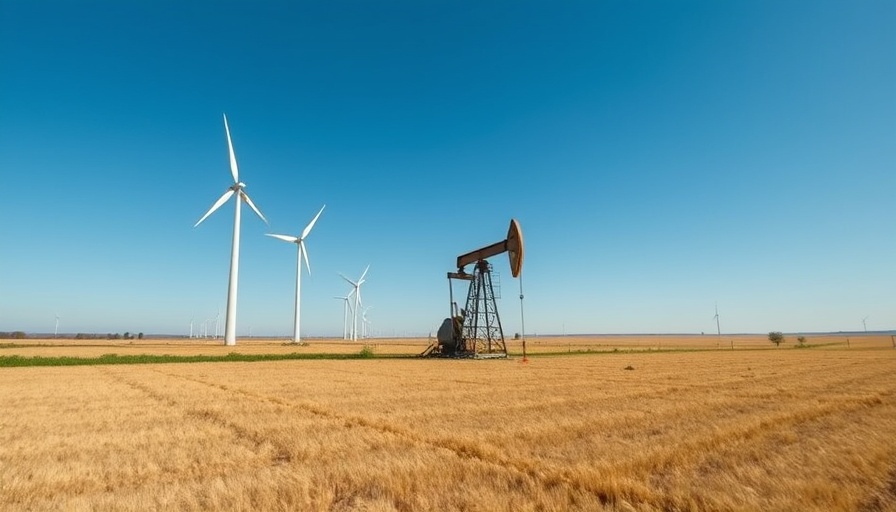 Wind turbines and oil pumpjack in Texas field, clear sky.