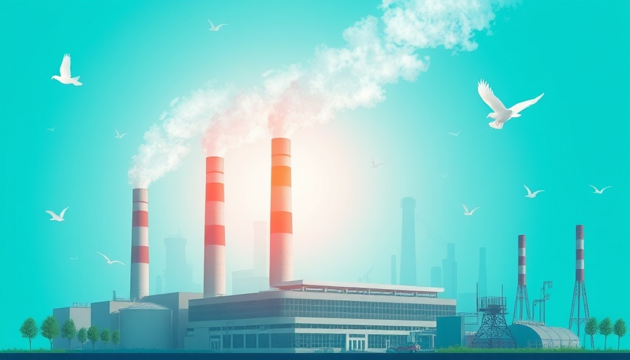 Industrial facility with nature symbols, highlighting corporate sustainability.
