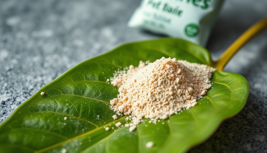 Close-up of powdered urine fertilizer on a leaf with packaging.