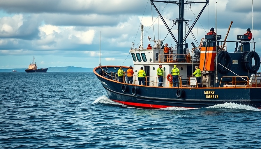 Fishing boat crew in ocean setting, supporting sustainability goals.
