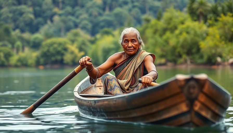 Indigenous woman paddling a canoe on a river reflecting cultural values on indigenous lands.