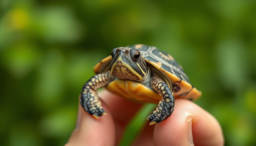 Delicate small turtle in hand with soft green background.