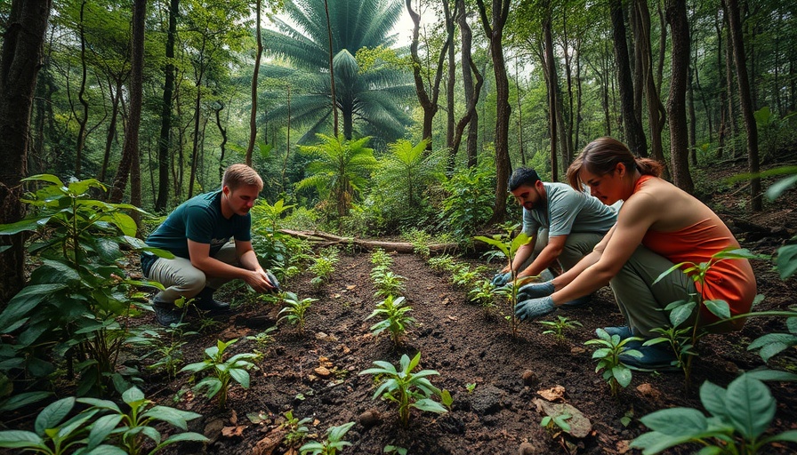 Community-centered reforestation: people planting saplings in a lush forest.