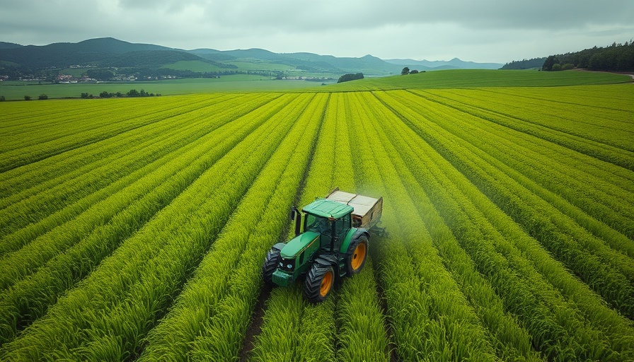 Tractor applying material in field, enhanced rock weathering technique.