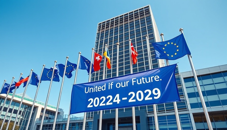 European Union building with flags and 'EU climate targets for 2030' banner.