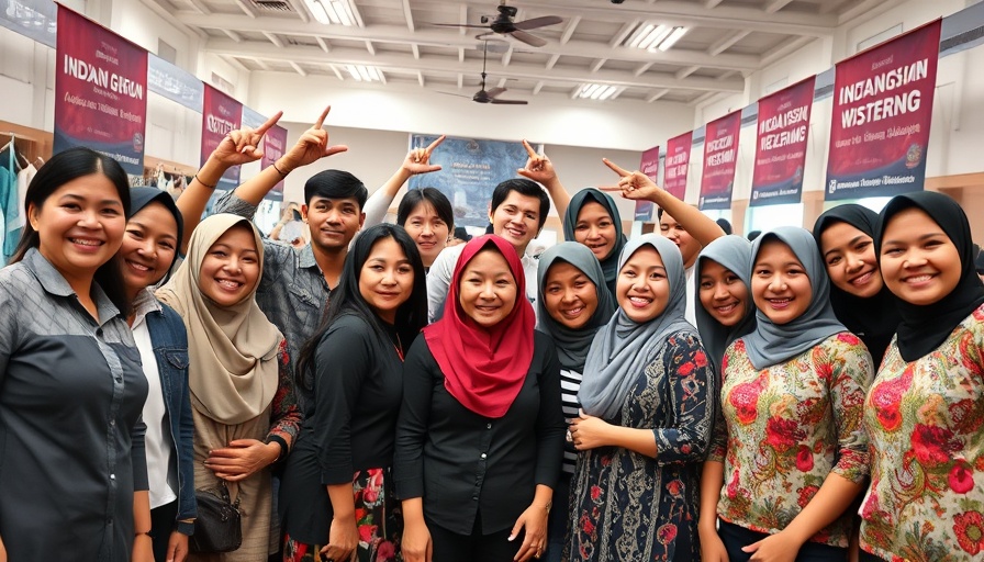 Indonesian garment workers celebrating gender justice agreement in meeting room.