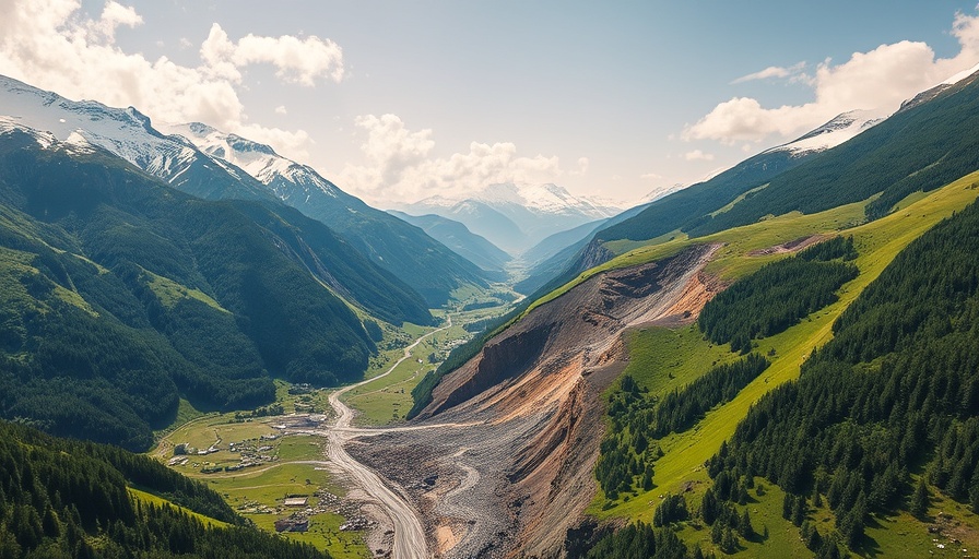 Aerial view of landslide in green valley beneath snowy mountains highlighting climate awareness.